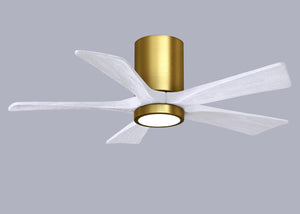 Matthews Fan IR5HLK-BRBR-MWH-42 IR5HLK five-blade flush mount paddle fan in Brushed Brass finish with 42” solid matte black wood blades and integrated LED light kit.