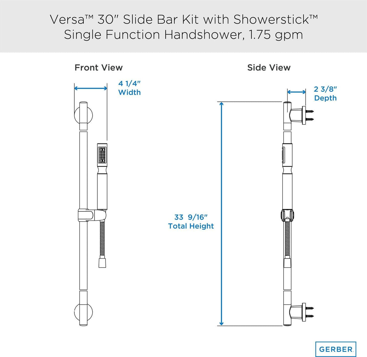 Gerber D461707 Chrome Versa 30" Slide Bar Assembly With Showerstick HANDSH...