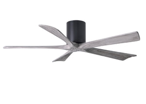 Matthews Fan IR5H-BK-BW-52 Irene-5H five-blade flush mount paddle fan in Matte Black finish with 52” solid barn wood tone blades. 