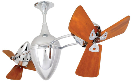 Matthews Fan AR-CR-WD-DAMP Ar Ruthiane 360° dual headed rotational ceiling fan in polished chrome finish with solid sustainable mahogany wood blades for damp location.