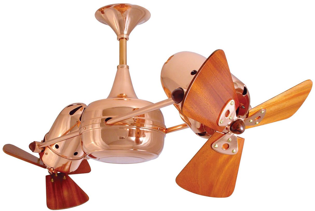 Matthews Fan DD-CP-WD Duplo Dinamico 360” rotational dual head ceiling fan in Polished Copper finish with solid sustainable mahogany wood blades.