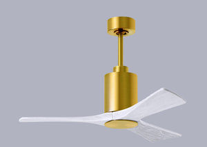 Matthews Fan PA3-BRBR-MWH-42 Patricia-3 three-blade ceiling fan in Brushed Brass finish with 42” solid matte white wood blades and dimmable LED light kit 