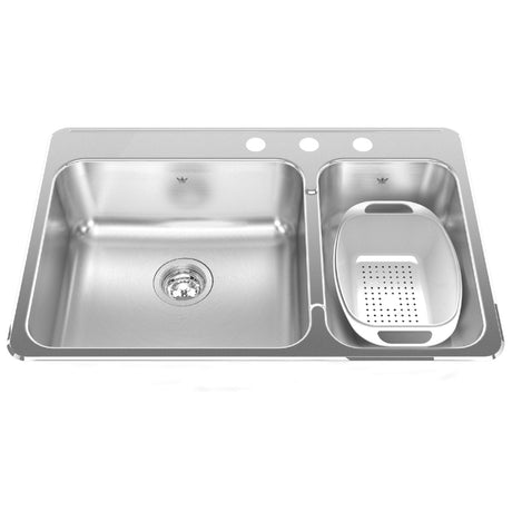 KINDRED QCLA2031R-8-3N Steel Queen 31.25-in LR x 20.5-in FB x 8-in DP Drop In Double Bowl 3-Hole Stainless Steel Kitchen Sink In Satin Finished Bowls with Mirror Finished Rim