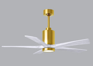 Matthews Fan PA5-BRBR-MWH-52 Patricia-5 five-blade ceiling fan in Brushed Brass finish with 52” solid matte white wood blades and dimmable LED light kit 