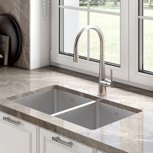 KINDRED BDU1831-9N Brookmore 12.1-in LR x 18.2-in FB x 9-in DP Undermount Double Bowl Stainless Steel Sink In Commercial Satin Finish