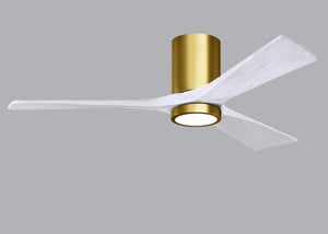 Matthews Fan IR3HLK-BRBR-MWH-52 Irene-3HLK three-blade flush mount paddle fan in Brushed Brass finish with 52” solid matte white wood blades and integrated LED light kit.