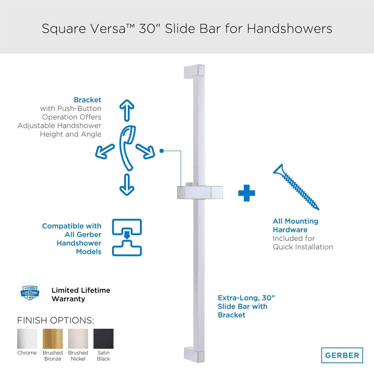 Gerber D461734 Chrome Square Versa 30" Slide Bar