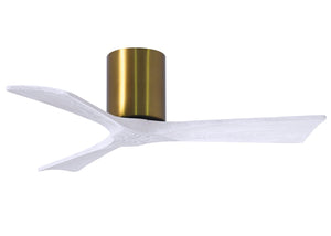 Matthews Fan IR3H-BRBR-MWH-42 Irene-3H three-blade flush mount paddle fan in Brushed Brass finish with 42” solid matte white wood blades. 