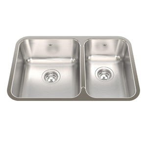 KINDRED QCUA1827R-8N Steel Queen 26.88-in LR x 17.75-in FB x 8-in DP Undermount Double Bowl Stainless Steel Kitchen Sink In Satin Finished Bowls with Silk Finished Rim