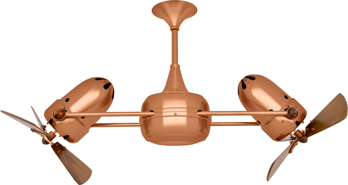 Matthews Fan DD-BRCP-WD Duplo Dinamico 360” rotational dual head ceiling fan in Brushed Copper finish with solid sustainable mahogany wood blades.