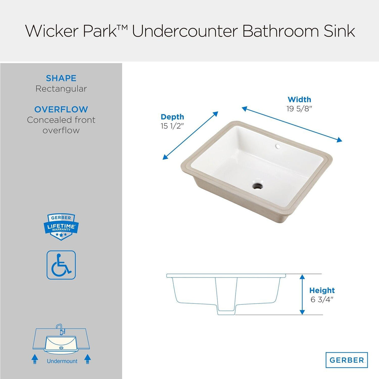 Gerber G0012791 White Wicker Park Rectangular Undercounter Bathroom Sink