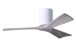 Matthews Fan IR3H-WH-BW-42 Irene-3H three-blade flush mount paddle fan in Gloss White finish with 42” solid barn wood tone blades. 