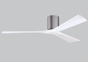 Matthews Fan IR3H-BP-MWH-60 Irene-3H three-blade flush mount paddle fan in Brushed Pewter finish with 60” solid matte white wood blades. 