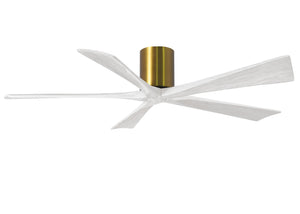 Matthews Fan IR5H-BRBR-MWH-60 Irene-5H five-blade flush mount paddle fan in Brushed Brass finish with 60” solid matte white wood blades. 
