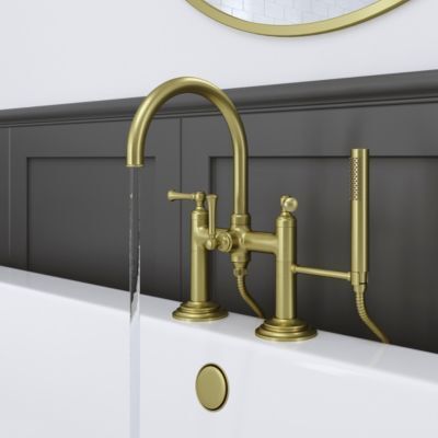 Pfister Brushed Gold Deck Mount 2-handle Tub Filler With Hand Shower LG6-2TBBG
