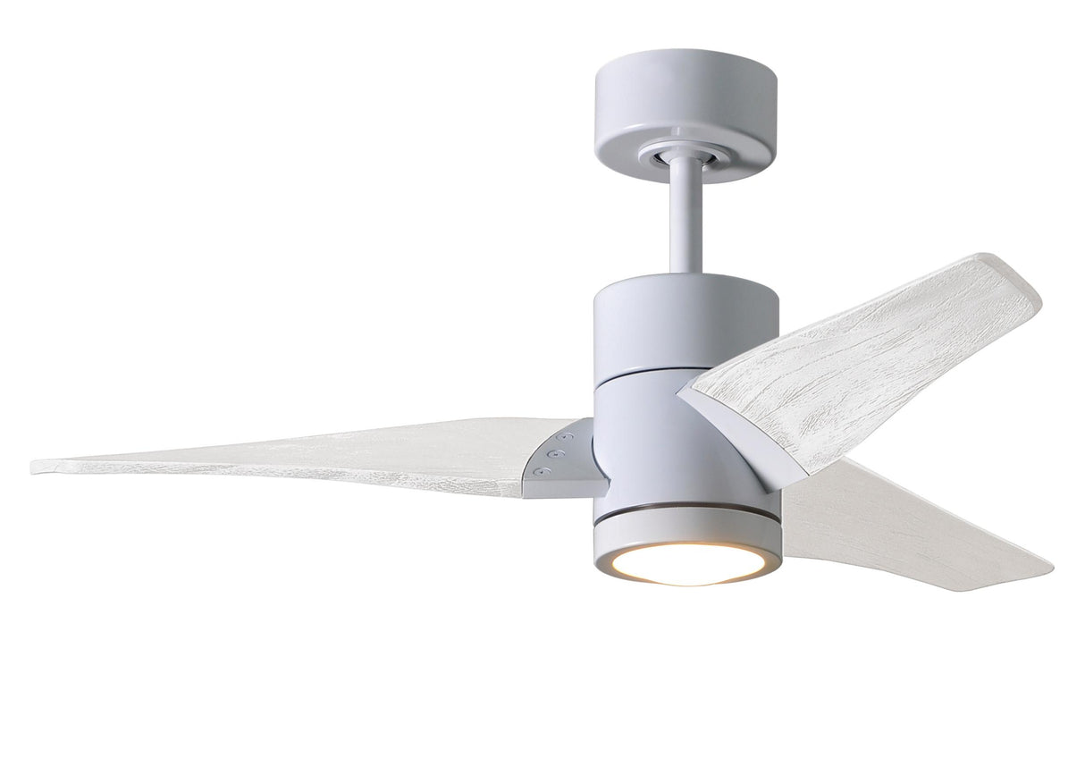 Matthews Fan SJ-WH-MWH-42 Super Janet three-blade ceiling fan in Gloss White finish with 42” solid matte white wood blades and dimmable LED light kit 