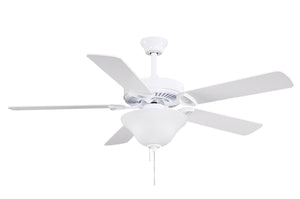 Matthews Fan AM-USA-WH-52-LK America 3-speed ceiling fan in gloss white finish with 52" white blades and light kit (2 x GU24 Socket). Assembled in USA.