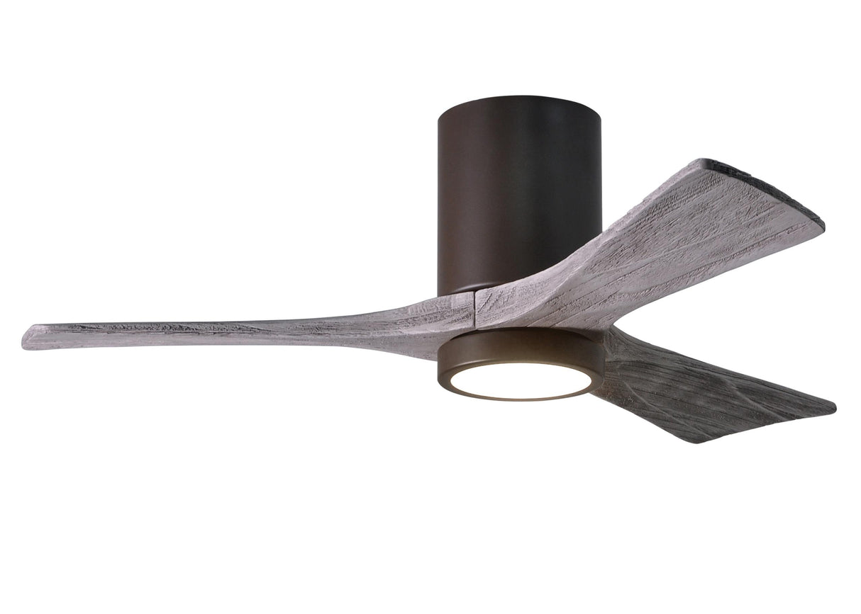 Matthews Fan IR3HLK-TB-BW-42 Irene-3HLK three-blade flush mount paddle fan in Textured Bronze finish with 42” solid barn wood tone blades and integrated LED light kit.