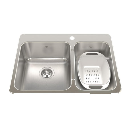 KINDRED QCLA2027R-8-1N Steel Queen 27.25-in LR x 20.56-in FB x 8-in DP Drop In Double Bowl 1-Hole Stainless Steel Kitchen Sink In Satin Finished Bowls with Mirror Finished Rim