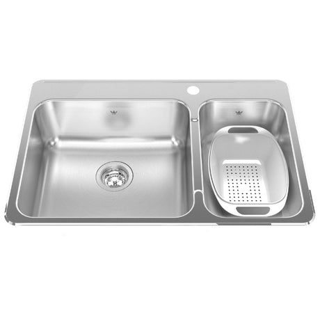 KINDRED QCLA2031R-8-1N Steel Queen 31.25-in LR x 20.5-in FB x 8-in DP Drop In Double Bowl 1-Hole Stainless Steel Kitchen Sink In Satin Finished Bowls with Mirror Finished Rim