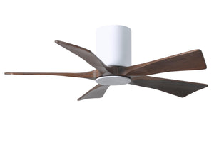 Matthews Fan IR5HLK-WH-WA-42 IR5HLK five-blade flush mount paddle fan in Gloss White finish with 42” solid walnut tone blades and integrated LED light kit.