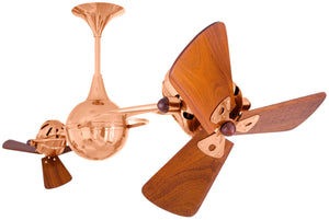 Matthews Fan IV-CP-WD Italo Ventania 360° dual headed rotational ceiling fan in polished copper finish with solid sustainable mahogany wood blades.
