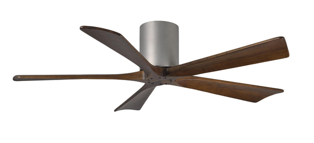 Matthews Fan IR5H-BN-WA-52 Irene-5H five-blade flush mount paddle fan in Brushed Nickel finish with 52” solid walnut tone blades. 