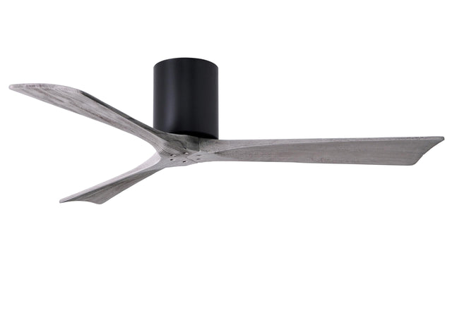 Matthews Fan IR3H-BK-BW-52 Irene-3H three-blade flush mount paddle fan in Matte Black finish with 52” solid barn wood tone blades. 