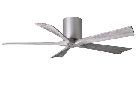 Matthews Fan IR5H-BN-BW-52 Irene-5H five-blade flush mount paddle fan in Brushed Nickel finish with 52” solid barn wood tone blades. 
