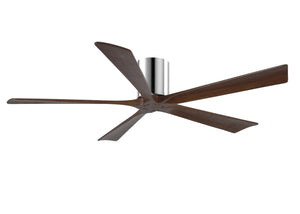 Matthews Fan IR5H-CR-WA-60 Irene-5H five-blade flush mount paddle fan in Polished Chrome finish with 60” solid walnut tone blades. 