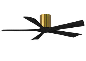 Matthews Fan IR5H-BRBR-BK-52 Irene-5H five-blade flush mount paddle fan in Brushed Brass finish with 52” solid matte black wood blades. 