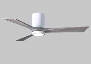 Matthews Fan IR3HLK-WH-BW-52 Irene-3HLK three-blade flush mount paddle fan in Gloss White finish with 52” solid barn wood tone blades and integrated LED light kit.