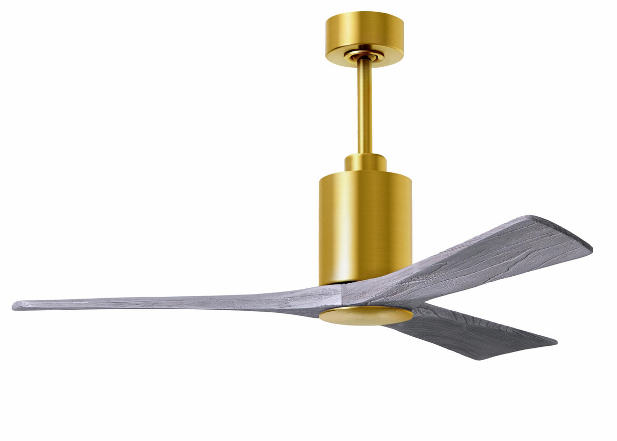 Matthews Fan PA3-BRBR-BW-52 Patricia-3 three-blade ceiling fan in Brushed Brass finish with 52” solid barn wood tone blades and dimmable LED light kit 