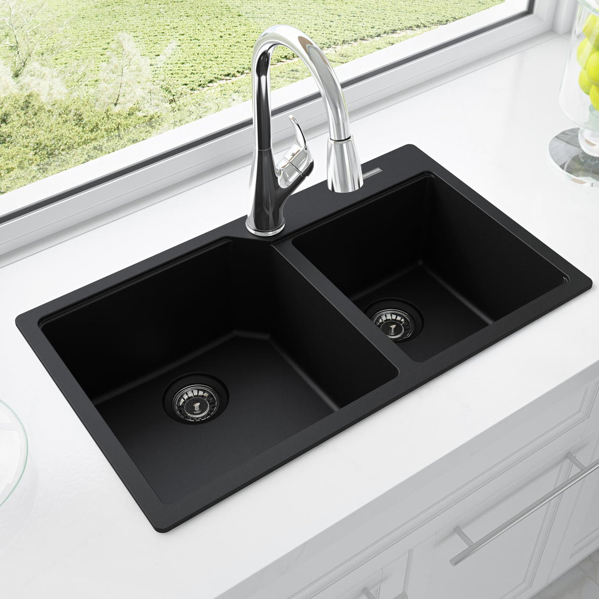 KINDRED MGCM2034-9ONN Granite Series 33.88-in LR x 19.69-in FB x 9.06-in DP Drop In Double Bowl Granite Kitchen Sink In Onyx