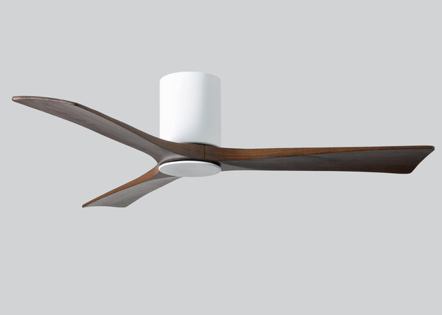Matthews Fan IR3HLK-WH-WA-52 Irene-3HLK three-blade flush mount paddle fan in Gloss White finish with 52” solid walnut tone blades and integrated LED light kit.