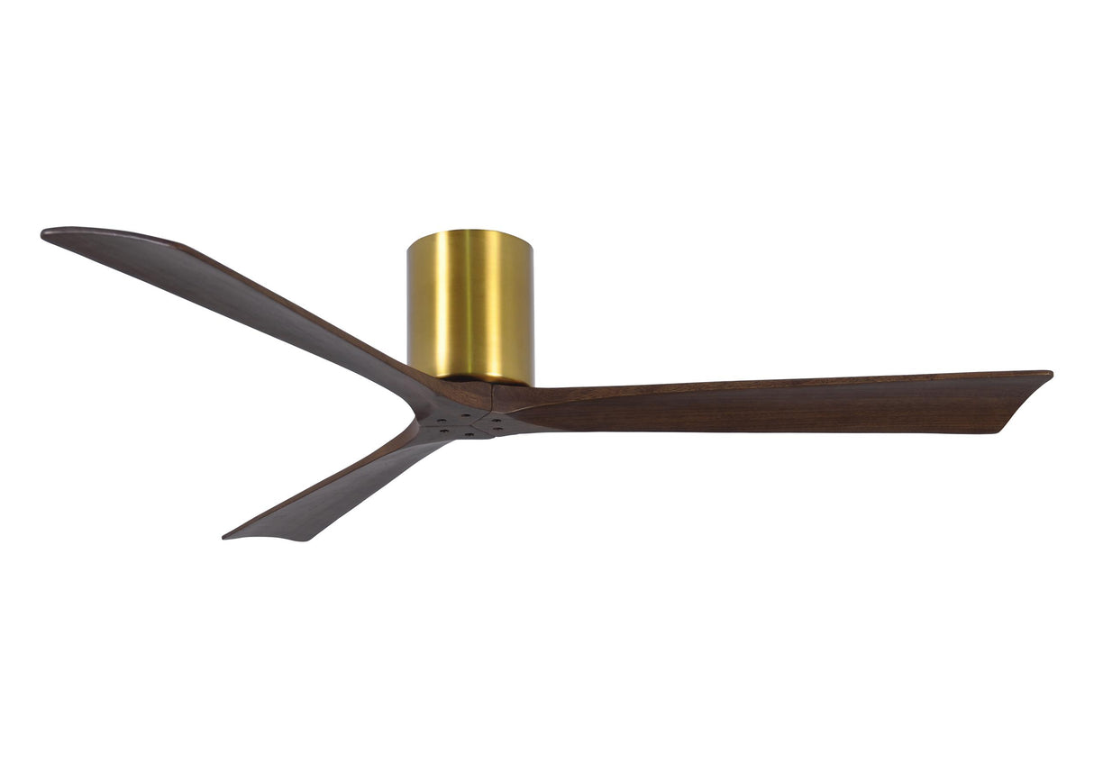 Matthews Fan IR3H-BRBR-WA-60 Irene-3H three-blade flush mount paddle fan in Brushed Brass finish with 60” solid walnut tone blades. 