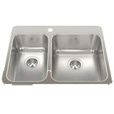 KINDRED QCLA2027L-8-1N Steel Queen 27.25-in LR x 20.56-in FB x 8-in DP Drop In Double Bowl 1-Hole Stainless Steel Kitchen Sink In Satin Finished Bowls with Mirror Finished Rim