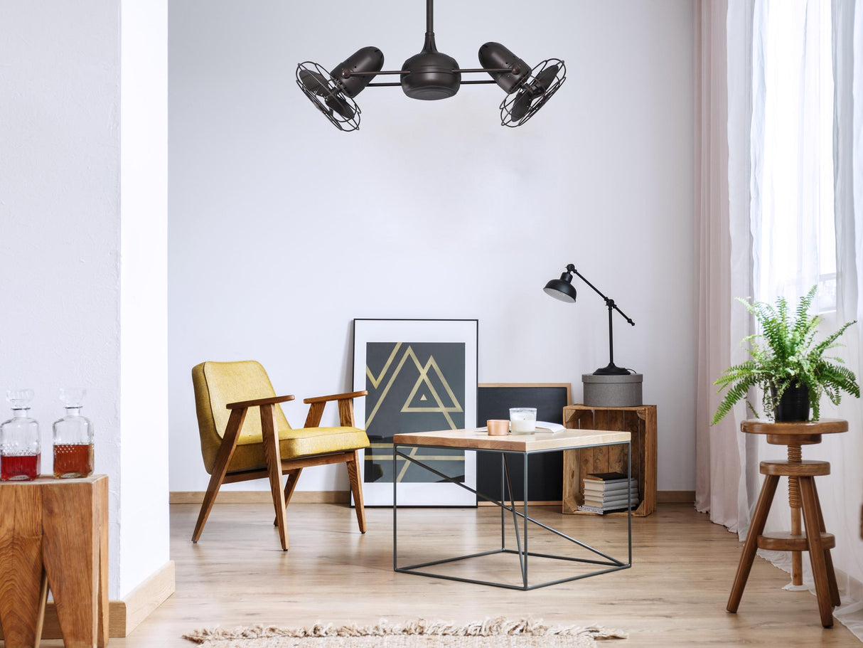 Matthews Fan DG-TB-MTL Dagny 360° double-headed rotational ceiling fan in Textured Bronze finish with metal blades.