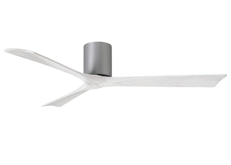 Matthews Fan IR3H-BN-MWH-60 Irene-3H three-blade flush mount paddle fan in Brushed Nickel finish with 60” solid matte white wood blades. 