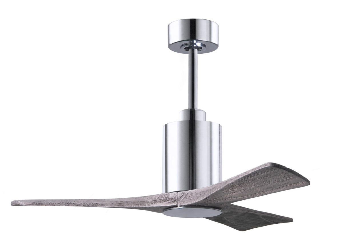 Matthews Fan PA3-CR-BW-42 Patricia-3 three-blade ceiling fan in Polished Chrome finish with 42” solid barn wood tone blades and dimmable LED light kit 