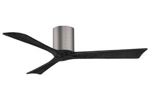 Matthews Fan IR3H-BP-BK-52 Irene-3H three-blade flush mount paddle fan in Brushed Pewter finish with 52” solid matte black wood blades. 