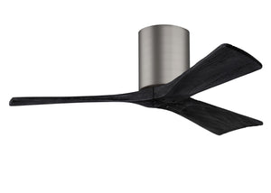 Matthews Fan IR3H-BP-BK-42 Irene-3H three-blade flush mount paddle fan in Brushed Pewter finish with 42” solid matte black wood blades. 
