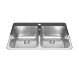 KINDRED RDL2031-1N Reginox 31.25-in LR x 20.5-in FB x 7-in DP Drop In Double Bowl 1-Hole Stainless Steel Kitchen Sink In Linear Brushed Bowls with Mirror Finished Rim