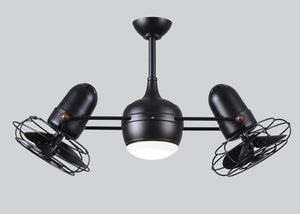 Matthews Fan DGLK-BK-MTL Dagny 360° double-headed rotational ceiling fan with light kit in Matte Black finish with metal blades.