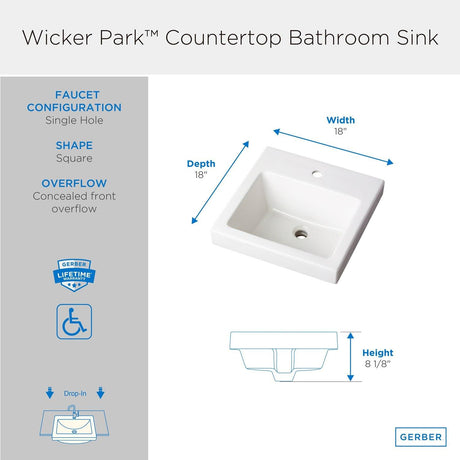 Gerber G0013821 White Wicker Park Square Single Hole Above Counter Bathroom Sink
