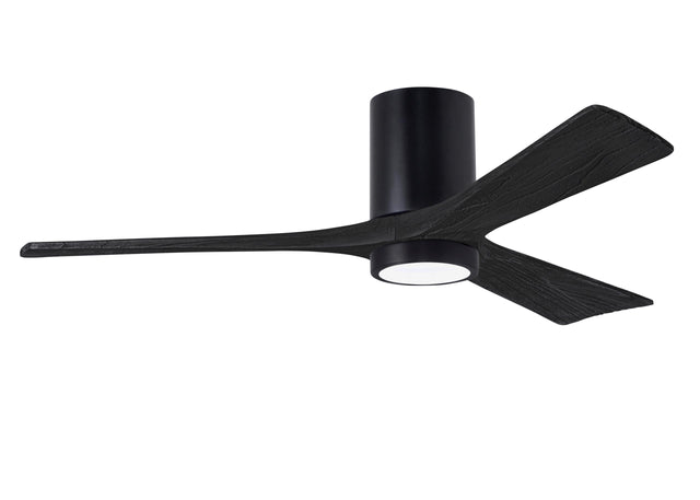 Matthews Fan IR3HLK-BK-BK-52 Irene-3HLK three-blade flush mount paddle fan in Matte Black finish with 52” solid matte black wood blades and integrated LED light kit.