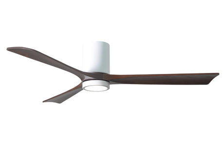 Matthews Fan IR3HLK-WH-WA-60 Irene-3HLK three-blade flush mount paddle fan in Gloss White finish with 60” solid walnut tone blades and integrated LED light kit.