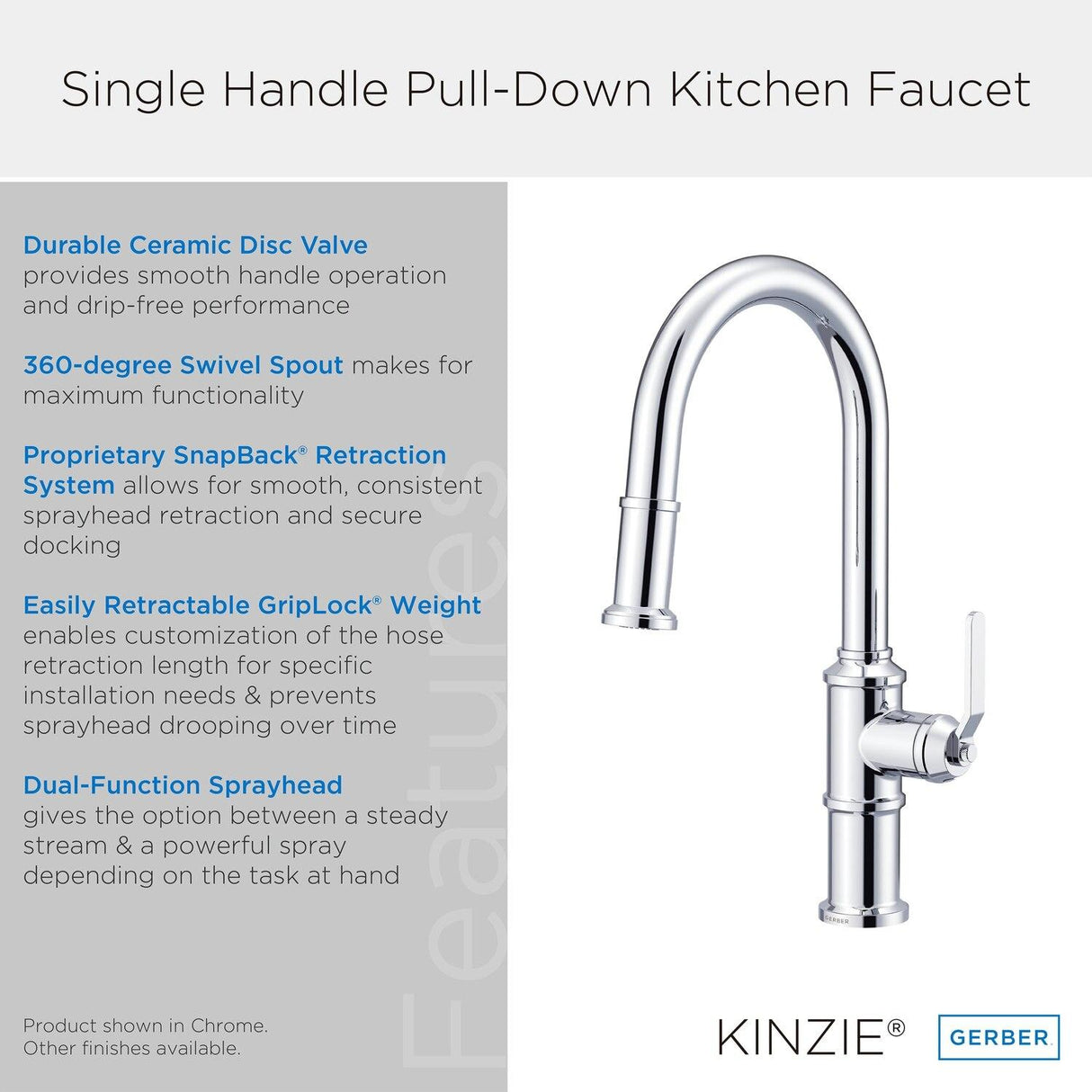 Gerber D454437 Chrome Kinzie Single Handle Pull-down Kitchen Faucet