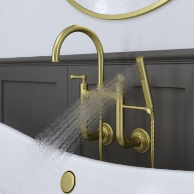 Pfister Brushed Gold Wall Mount 2-handle Tub Filler With Hand Shower LG6-3TBBG