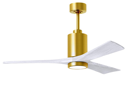 Matthews Fan PA3-BRBR-MWH-52 Patricia-3 three-blade ceiling fan in Brushed Brass finish with 52” solid matte white wood blades and dimmable LED light kit 